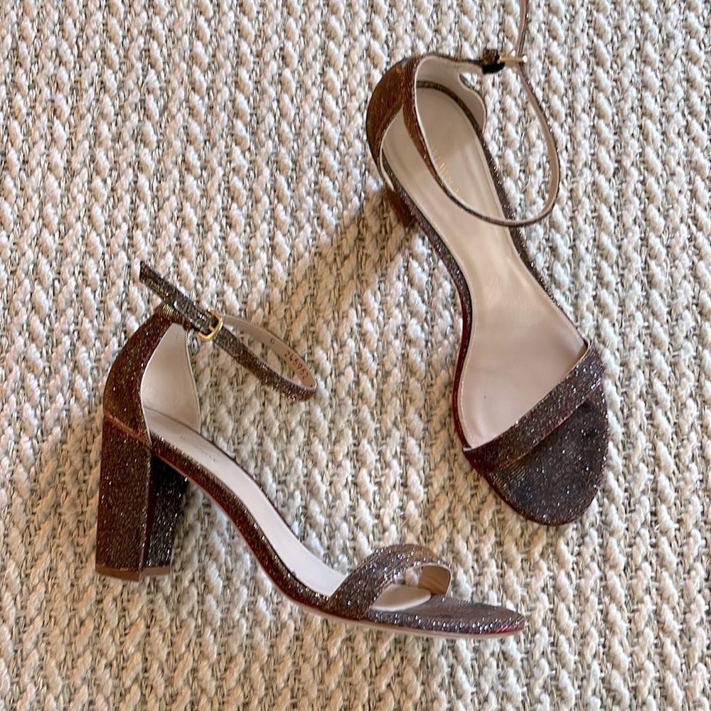 Stuart Weitzman Nudist Block Heel Sandal-- Glittery Tweed Nearly Nude - Bronze